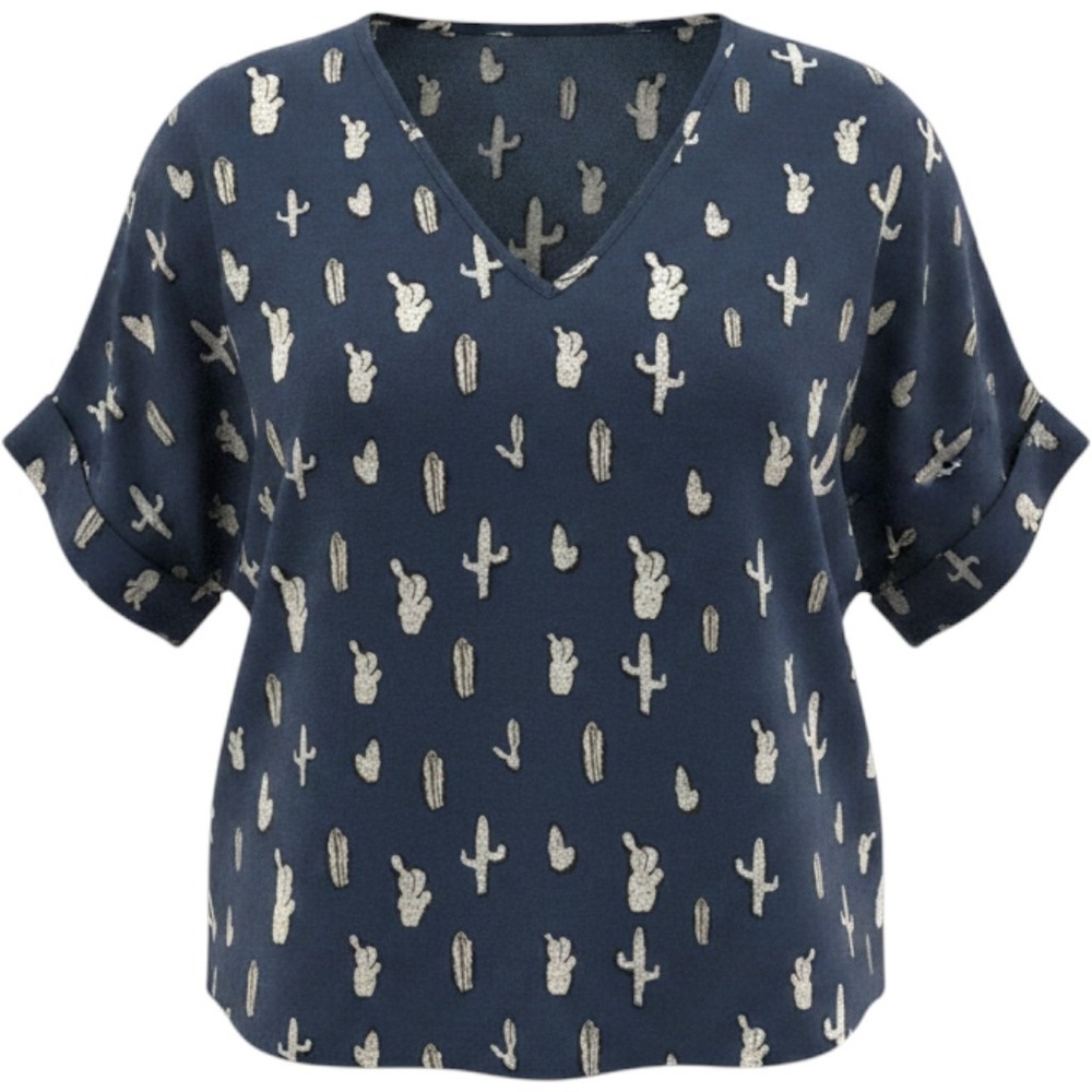 Wishful Park Blouse Top Womens Medium Blue White Cactus Print V Neck Pullover
